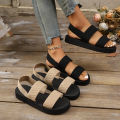 Ladies Elastic Flat Sandals Simulated Grass Weave Lightweight Beach Casual Shoes Classic Black.