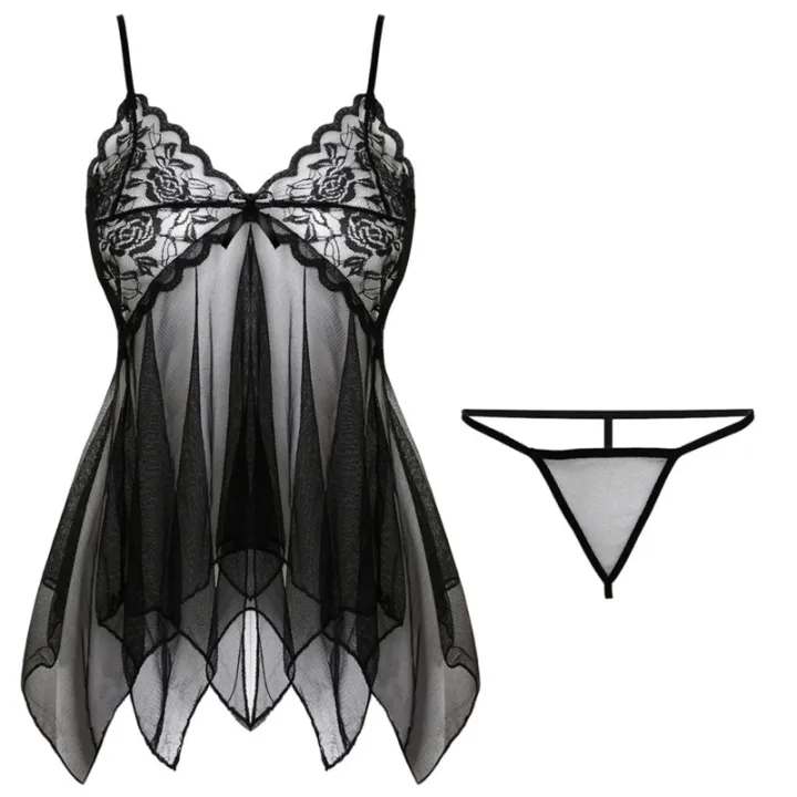 Lingerie%20Women%20Silk%20Lace%20Sleeveless%20Babydoll%20V%20Neck%20Nightdress%20Nightgown%20Short%20Sleepwear%20Night%20Dress%20Underwear%20-%20Image%202