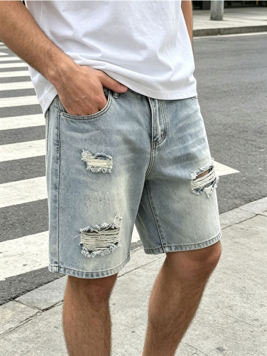 Men Pants Jeans Clothing Denim Trousers Shorts Men's Light Wash Ripped Distressed Casual Denim Shorts