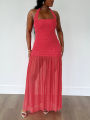 Nibber See Through Hem Dress Women Ruched Halter Summer Trend Sleeveless Backless Patchwork Midnight Clubwear Party Maxi Bodycon.