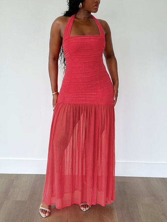 Nibber%20See%20Through%20Hem%20Dress%20Women%20Ruched%20Halter%20Summer%20Trend%20Sleeveless%20Backless%20Patchwork%20Midnight%20Clubwear%20Party%20Maxi%20Bodycon%20-%20Image%204