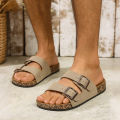 Men's Summer, Spring, and Autumn Casual Simple Buckle Cork-Patterned Adjustable Pu Upper Flat-Soled Slip-On Double-Bar Slippers for Beach and Home Outdoor Use. 