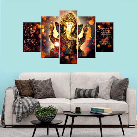 5 Piece Panel Ganesh Light Wall Hang God Canvas Art with Frame