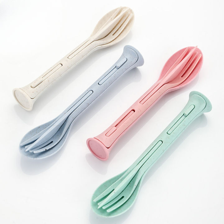 3PCS Portable Tableware Set Wheat Straw Dinnerware Detachable Cutlery Travel Tableware Picnic Dinnerware Set Camping Cutlery Set