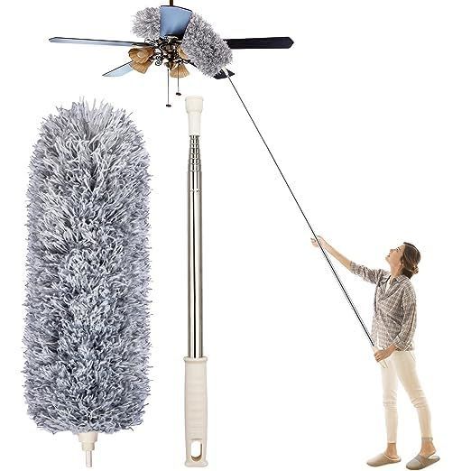 Microfiber Feather Extendable & Bendable Duster – Washable Reusable High Ceiling Cleaning Duster with 100 Inches Stainless Steel Expandable Pole Handle – Flexible Long Reach Dusting Tool for Ceiling Fans, Cobwebs, Walls, and Hard-to-Reach Areas 2 Meter