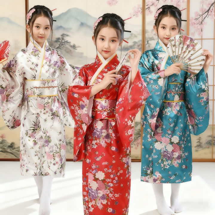 Children Japanese Kimono Bathrobe Gown Japan Style Floral sakura Yukata Dress Traditional Haori Performances Costume Elegance As