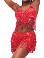 Belly Dance Top Bra Belt Set Latin Sequin Fringe Halter Hip Skirt Party Costume 4 Layer Tassel Stage Performance Cloth Wear.