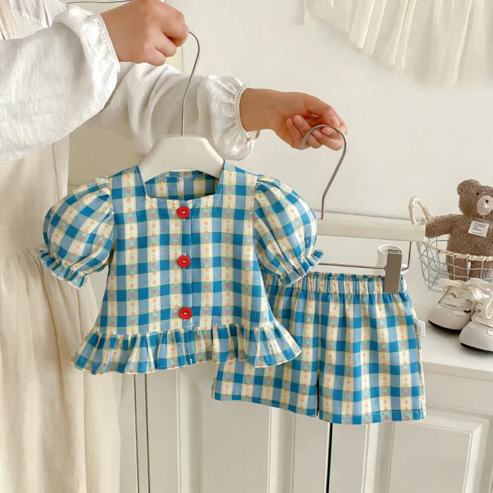 2pc/Set%20Girls'%20Outfit%20Set%20Summer%20Checkered%20Cotton%20Top%20And%20Shorts%20Baby%20Girl%20Clothes%20Cute%20Beach%20Baby%20Set%20-%20Image%202