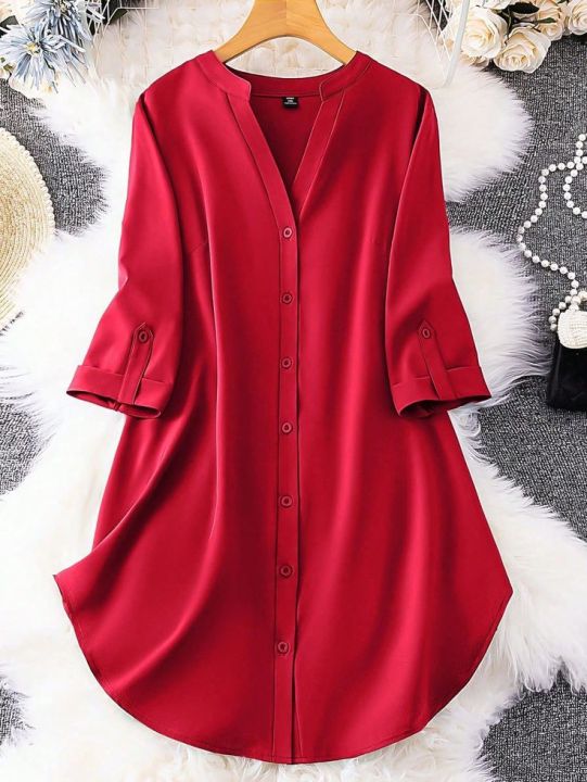 Roll Tab Sleeve flat collar Neck Button Front Shirt For Women's Girls Wear