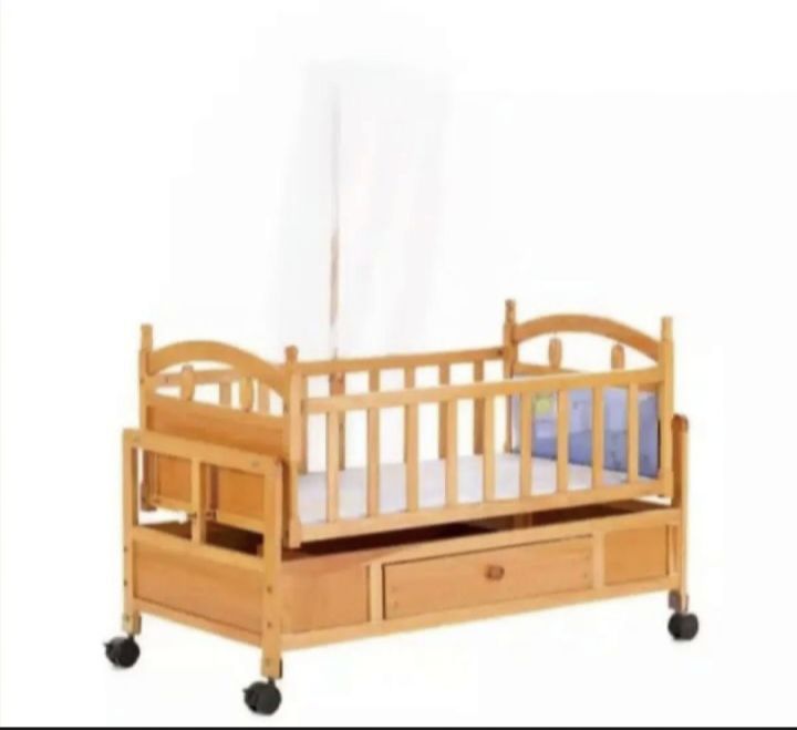 Baby Compact Folding Wooden Window Crib with Safety Gate, Natural