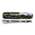 2022 Outdoor Portable  Green Folding Camping Cutlery Knife Fork Spoon Bottle Opener Tableware Stainless Steel Pocket Cutlery. 