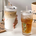 Large Capacity Stripe Glass Coffee Cup With Lid Cover Straw Transparent Drinking Glasses For Juice Iced Coffee Mugs Drinkware.