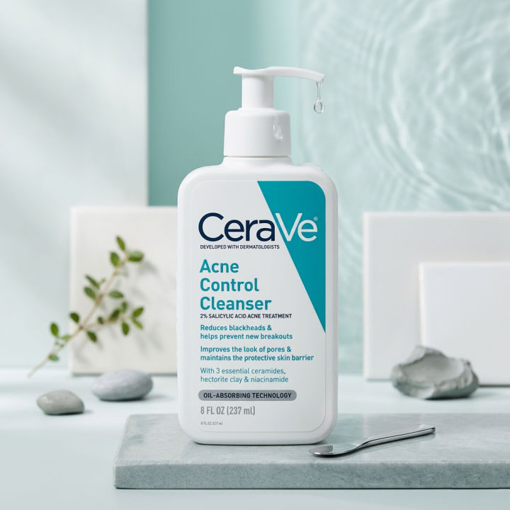 CeraVe Acne Control Cleanser 2 Percent Salicylic Acid Acne Treatment 237ml Gel to Foam Face Wash for Blackheads and Oily Skin