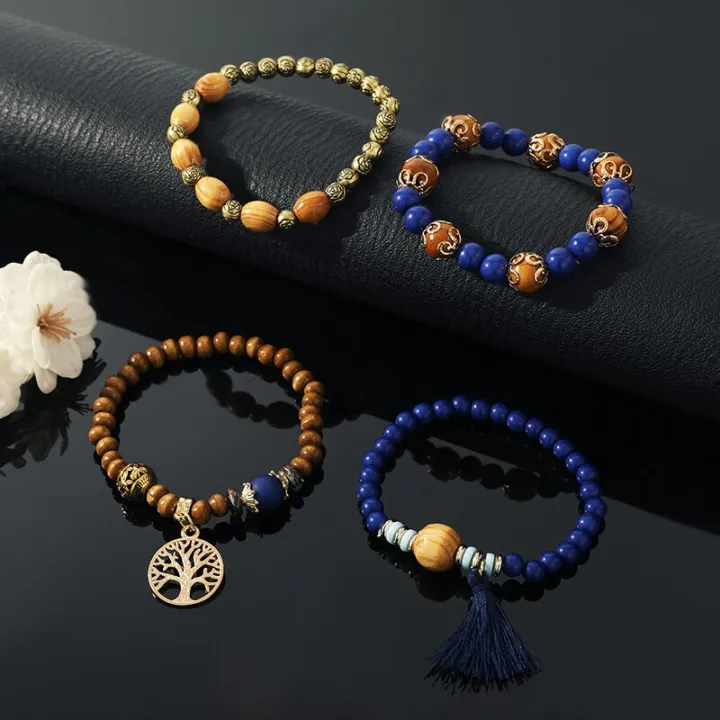 New%204pcs%20Vintage%20Bracelet%20Ladies%20Light%20Luxury%20Style%20Multi%20Color%20System%20Stone%20Tassel%20Multi%20Layer%20Beads%20Leaf%20Pendant%20Jewelry%20-%20Image%203