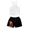 Anime Hanma Baki Set Print Shorts+Vest Performance Streetwear Beach Shorts Casual Loose Men Elastic Waist Shorts White Vest Set.