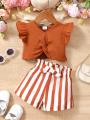 0-2 Year Old Baby Girl Summer Fashion Love Collar Ruffled Short Sleeved And Striped Shorts Two-piece Set. 