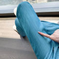 Thin Denim Trousers Letter Elastic Waist Pockets Casual Straight Wide Leg Long Pants Woman Clothing Summer High Street Blue New. 