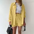 Summer Cotton Linen High Waist Shirt Shorts Women Turn Down Collar Long Sleeve Tops and Shorts Suit Cotton Casual Two Piece Sets.