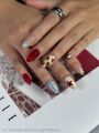 10pcs red Y2k Girl Handmade Press On Nails leopard gel Sweet Cool With star Metal Decoration Wearable Artificial False Nail. 