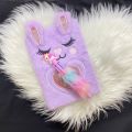 diary with pen for girl's  fluffy new rabbit style diary with multicoloured unicorn pen plush soft cover diary notebook A5 size cute stationary for girls gifts. 