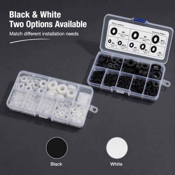 500%20Pcs%20Mixed%20Sizes%20M2-M10%20Black%20&%20White%20Nylon%20Flat%20Washers%20Insulating%20Gaskets%20for%20Screws%20And%20Bolts%20Kit%20-%20Image%206