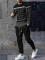 Fashionable Summer Men's Striped Patchwork Print Breathable Round Neck Long Sleeved Pants Set Outdoor Casual Wear.