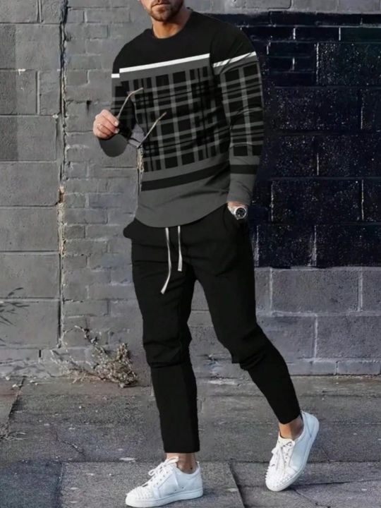 Fashionable Summer Men's Striped Patchwork Print Breathable Round Neck Long Sleeved Pants Set Outdoor Casual Wear