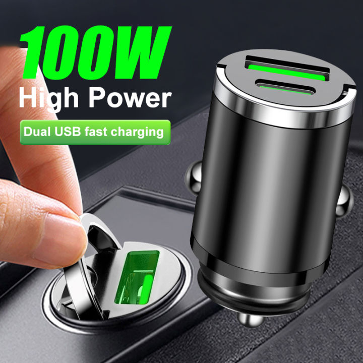 100W Hidden Car USB Charger 12V-24V Super Charge Dual Port USB + PD Cigarette Adapter PD Charger For iPhone iPad Android