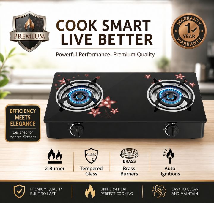 Glass Top Gas Cooker Double Burner