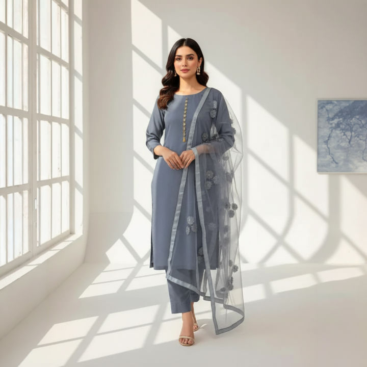 Rubika Fashion Most Hit Unstitched 3 Piece Collection Katan Silk Plain Shirt  & Trouser With Net Dupatta For Women Dress for women