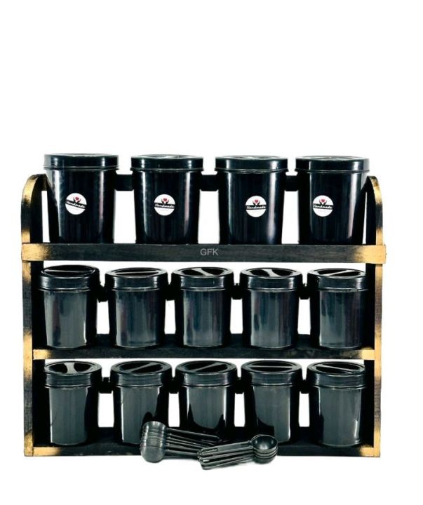 Wooden Bottle Rack with Containers / Fully Black Rack / Wall mounted Rack