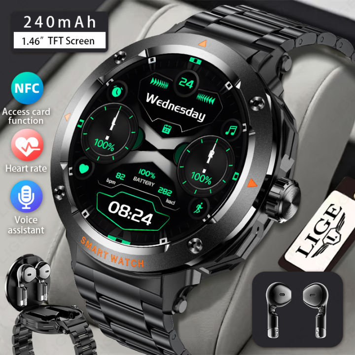 LIGE Men Earphone Smart Watch Bluetooth Call Women Sport Fitness Heart Rate Monitoring Music NFC 2 In 1 TWS Headset Smartwatch