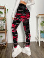 Fashion Trend Personality Graffiti Printed Leggings Women's High Stretch Leggings Letter Printed Slim-fit Nine-point Pants.