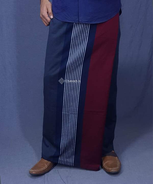 Handloom Cotton Sarong - Silver & Dark blue stripes in Dark grey & Dark Maroon