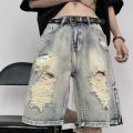 Summer ripped denim shorts men's cropped pants trendy brand fat plus fat plus plus plus size loose beggar mid pants horse pants. 
