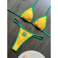 Embroidery Brasil Flag Contrast Split Bikini Set Women Swimwear Patchwork Swimsuit Hottie Outfit SummerBeachwear.
