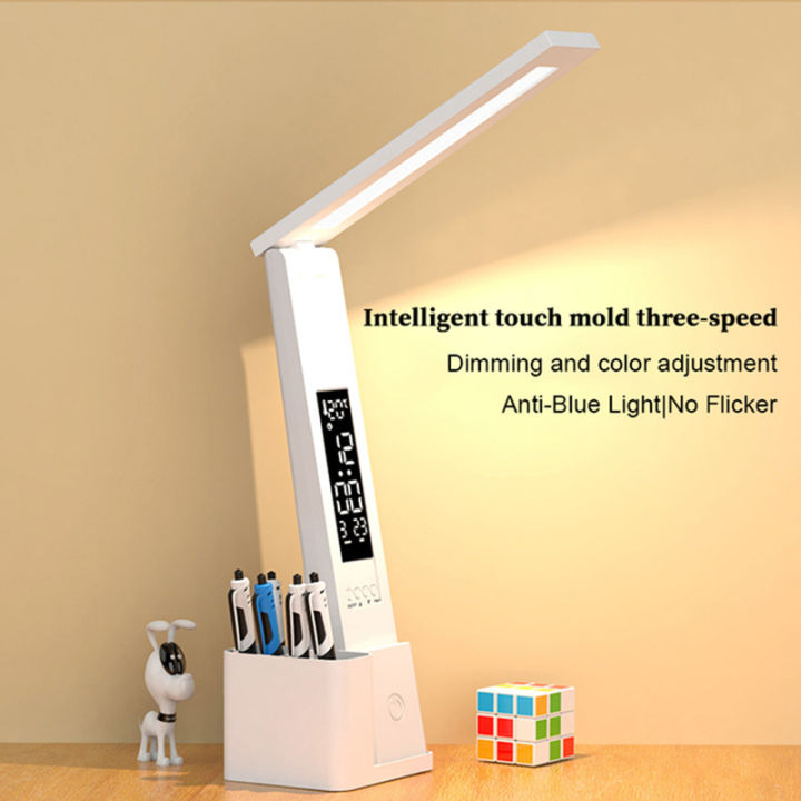 Foldable Dimmable Desk Lamp With Pen LED Clock Light Dormitories Reading Light USB Plug-in/Charging Touch Switch Table Lamp