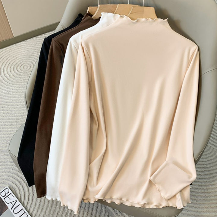 2026 Plus Size Women's Long Sleeve Turtleneck Velvet Base T-shirt Inner Wear Autumn Winter Fleece Lined Fashion Big Size Tops
