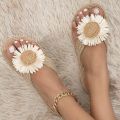 2024 New Linen Flower Decor Flip Flops Fashion Women Slides Flat Heel Outdoor Beach Summer Woman Slippers Ladies Shoes.