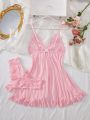 Lingerie Sleep Dress Women Nightdress Lace Sleepwear Solid Slim Soft V Neck Full Slip Dresses & Panties Set. 
