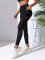Side Mesh Yoga Women's Leggings Black Fabric Patchwork High Waist Soft Comfortable Gym Fitness Sportswear Long Pants. 