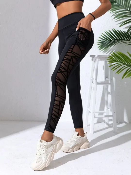Side%20Mesh%20Yoga%20Women's%20Leggings%20Black%20Fabric%20Patchwork%20High%20Waist%20Soft%20Comfortable%20Gym%20Fitness%20Sportswear%20Long%20Pants%20-%20Image%203