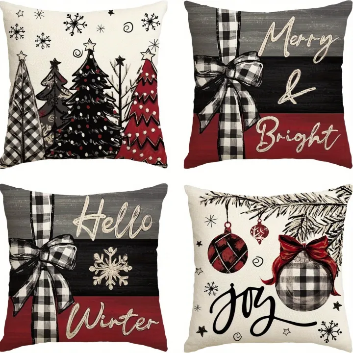 4-Pack Christmas Throw Pillow Covers,  Decorative Cushion Cases - Festive Trees, Merry & Bright, Joy Holiday Designs