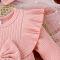 2PCS Autumn 0-1 Year Old Girl Baby Sweet And Cute Round Collar, Pit Strip, Flower Skirt, Long-Sleeved Suit + Bow Hair Band. 