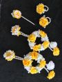 artificial flowers jewellery bridal for event haldi mehendi 2 gajray mayyu 2 earrings 2 rings 1 teeka marigold genda babybreaths artificial imported quality flowers. 