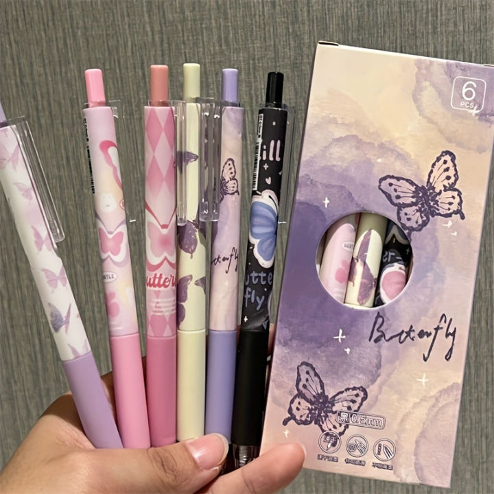 6pcs Cute Butterfly Gel Pens Aesthetic Stationary Pens ，Kawaii pen stationery，0.5 Mm Quick-drying Black Ink Pens Fine Point
