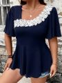 Plus Size Summer European and American Style Shirt for Women Casual Cute Solid Ruffle Neck Curve Clothing Tops. 
