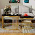 Luxe Living Co - Customized Modern Round MDF Top, Coffee Table ,with Black Glass Center, Gold Metal Frame, and Iron Base -Nesting Table, Tea Table, Side Table, Dining Table , and Decorative Table for Living Room, Office, or Drawing Room with Wooden Top. 