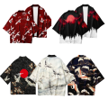 Summer Asian Traditional Costume Men Crane Printed Japanese Kimono Cardigan Harajuku Yukata Dark Style Black Haori Shirt Jacket. 