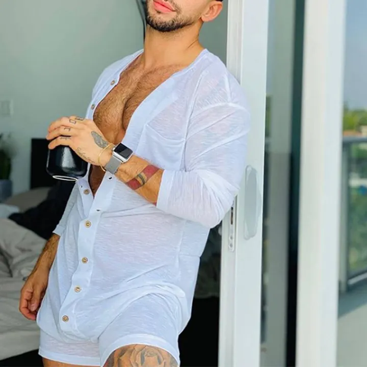 New%20Men%20%20Pajamas%20Jumpsuit%20Solid%20Color%20Tight%20O%20Neck%20Long%20Sleeve%20T%20Shirt%20and%20Shorts%20One-piece%20Button-down%20Breathable%20Home%20Wear%20-%20Image%203